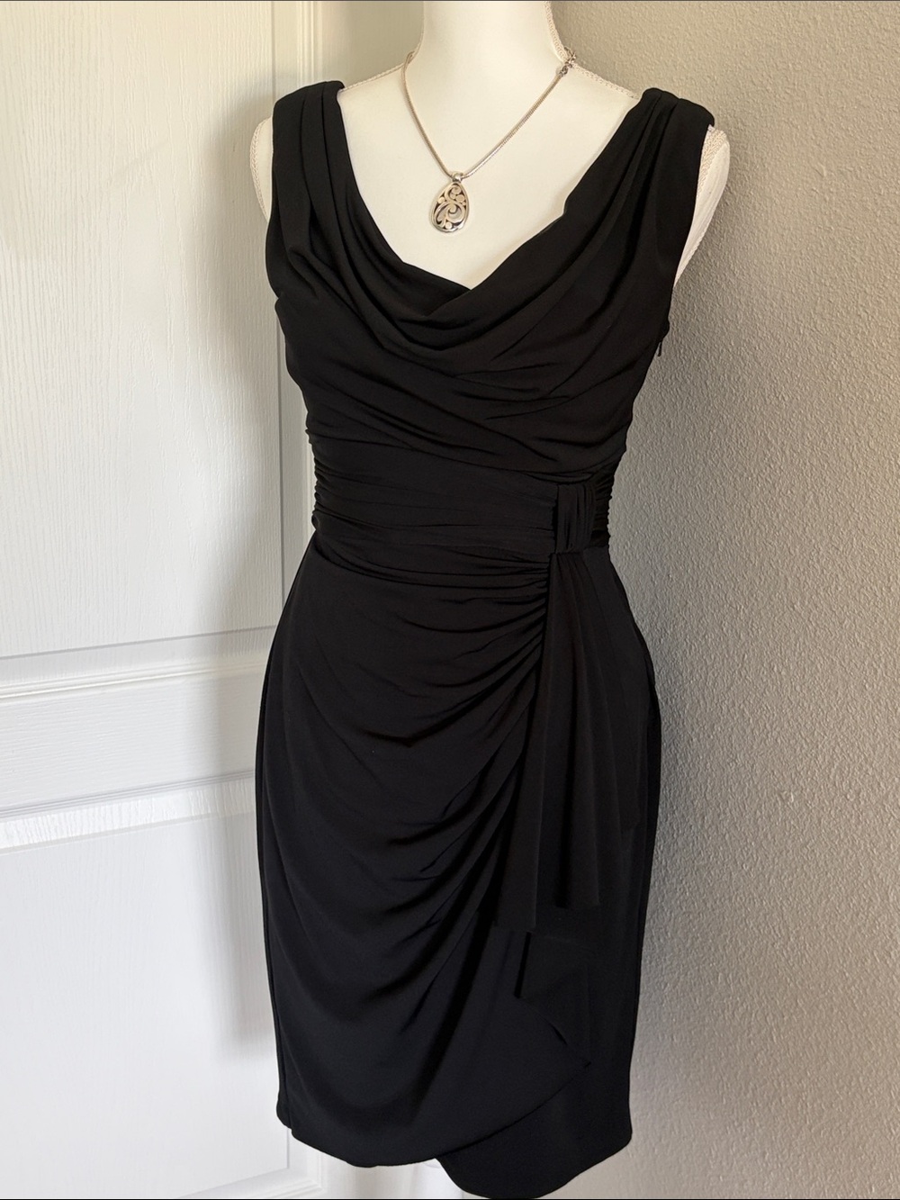 White House Black Market Classic Black Draped Cowl Neck Dress with side zipper